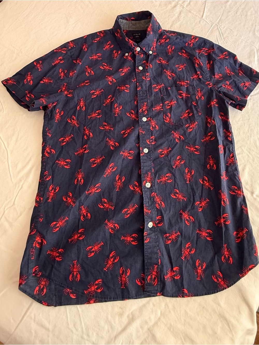 J.Crew Men's Large Navy Red Lobster Print
Short Sleeve Button-Up Shirt